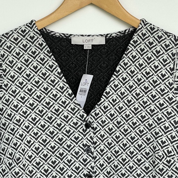 LOFT Ann Taylor Jacquard Mini Dress Flounce Swing Long Sleeve V-Neck Ruffle Hem - Picture 3 of 11